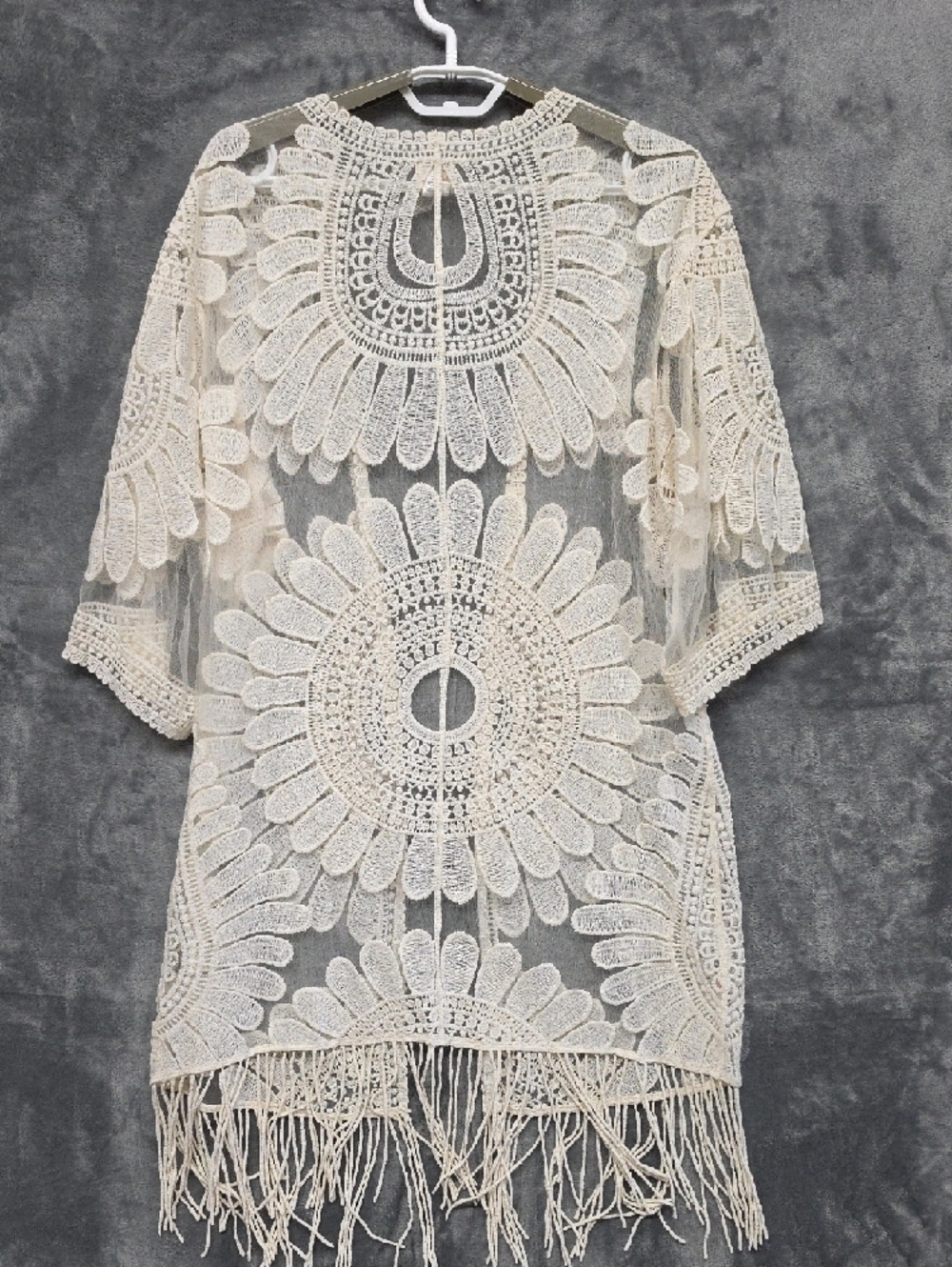 Chico's Cream Crochet Fringe Kimono Cardigan - Picture 6 of 8